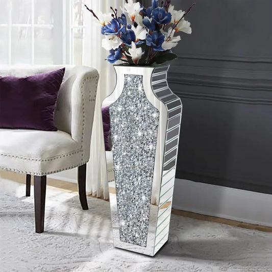 2 Shapes 68CM Crushed Diamond Decorative Mirrored Floor Vase Crystal Silver Glass Flower Vase for Pampas Grass Artificial Flower